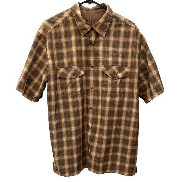 Kuhl Men's XL Konquer Short Sleeve Snap Button Front Plaid Shirt Brown Orange - Picture 1 of 7